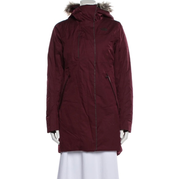 Womens The North Face Burgundy Down Parka Fur Hood Jacket Coat Small - Picture 1 of 8